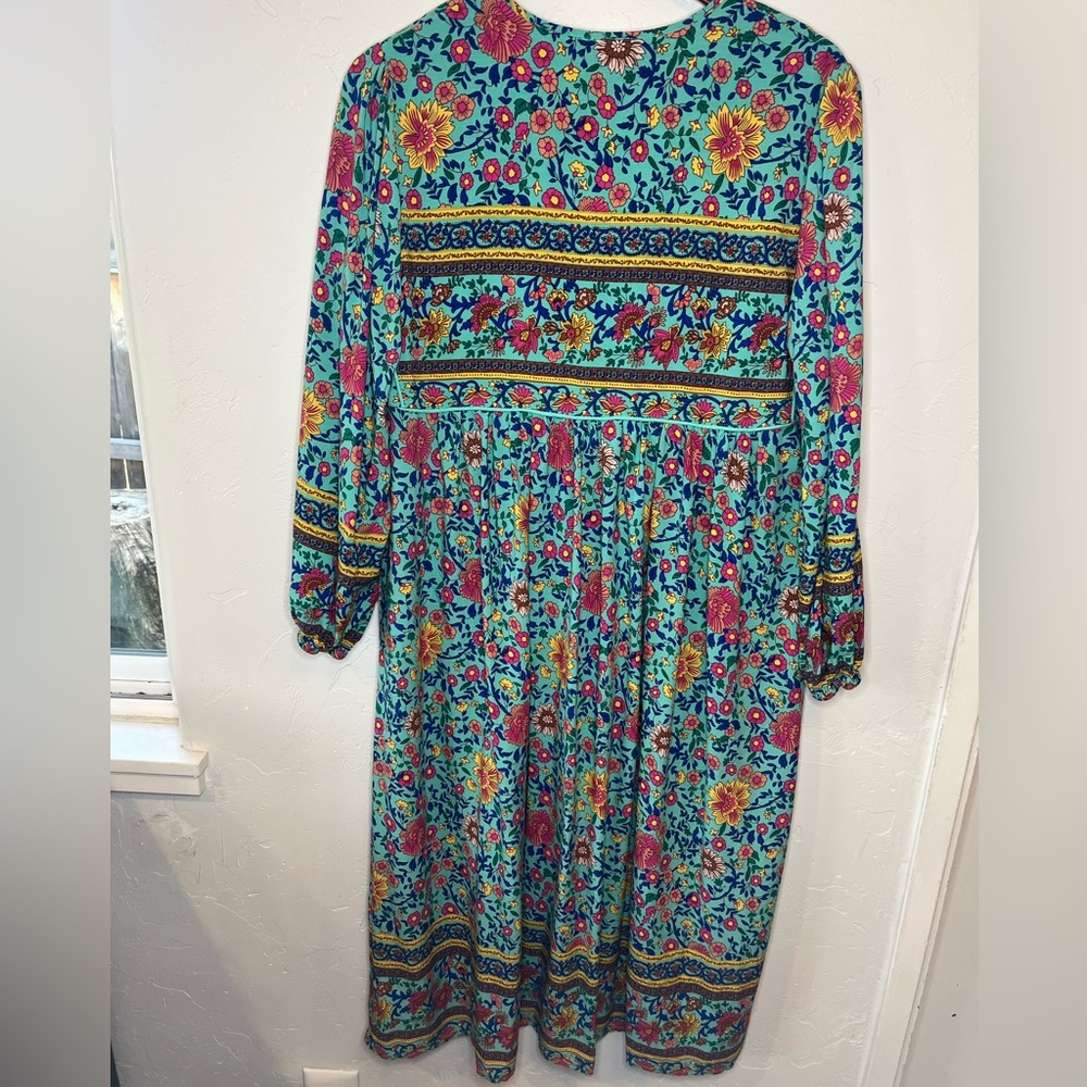 R VIVIMOS Bohemian Floral Midi Dress in Teal Size L - Picture 8 of 10